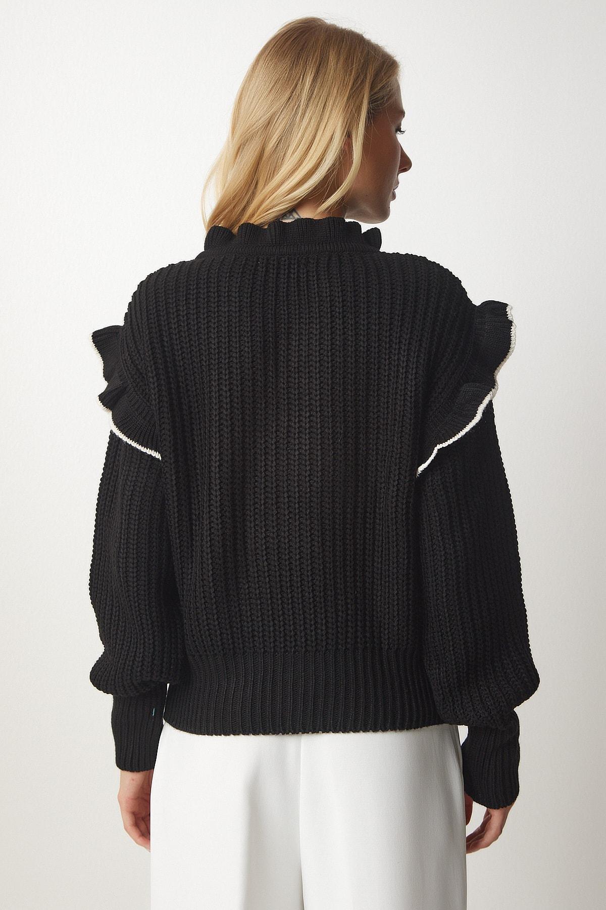 Black Frilly Knitwear Sweater, BLACK, large image number 4
