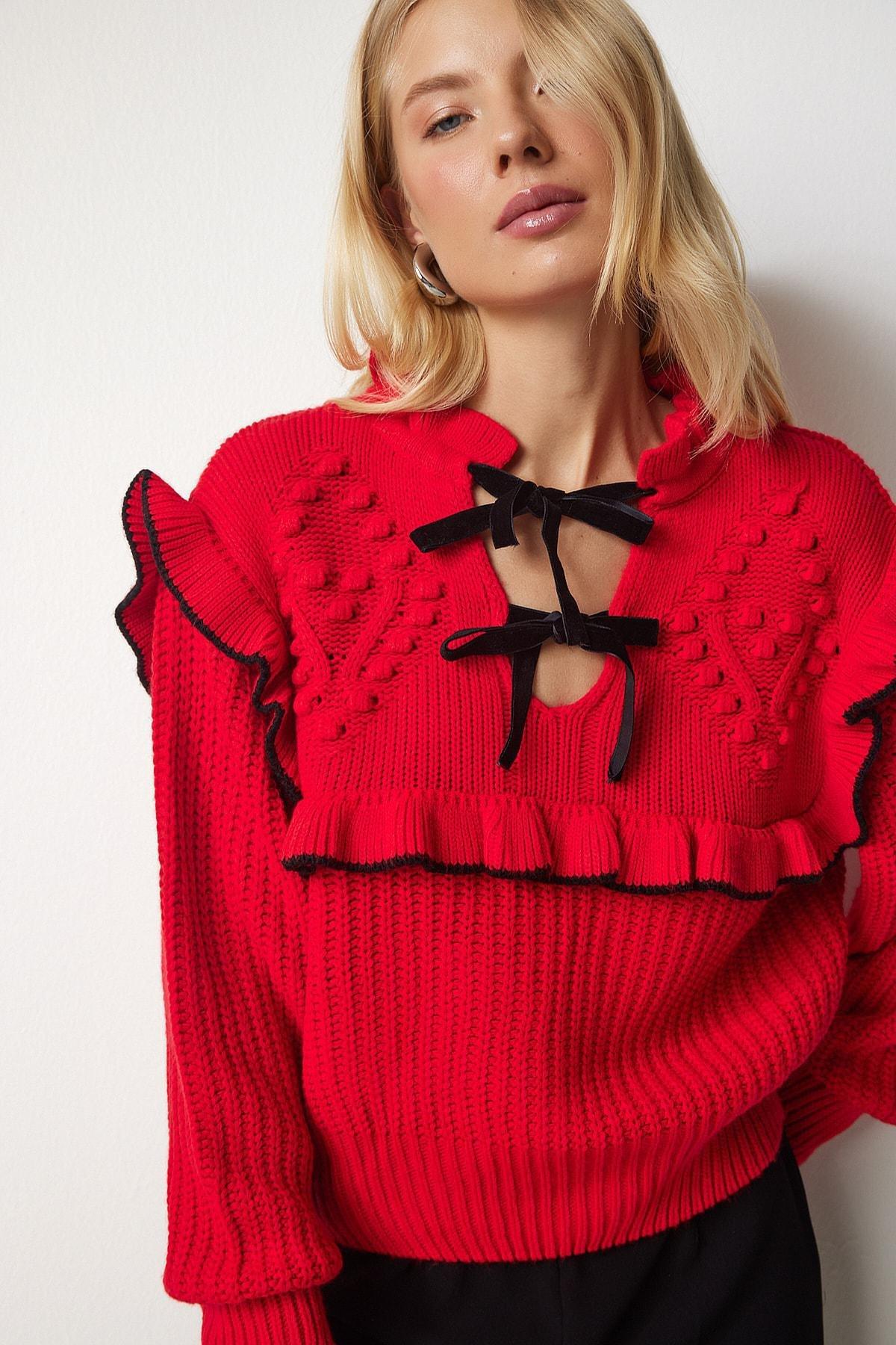 Red Ruffled Bow Collar Knitwear Sweater, Red, large image number 0