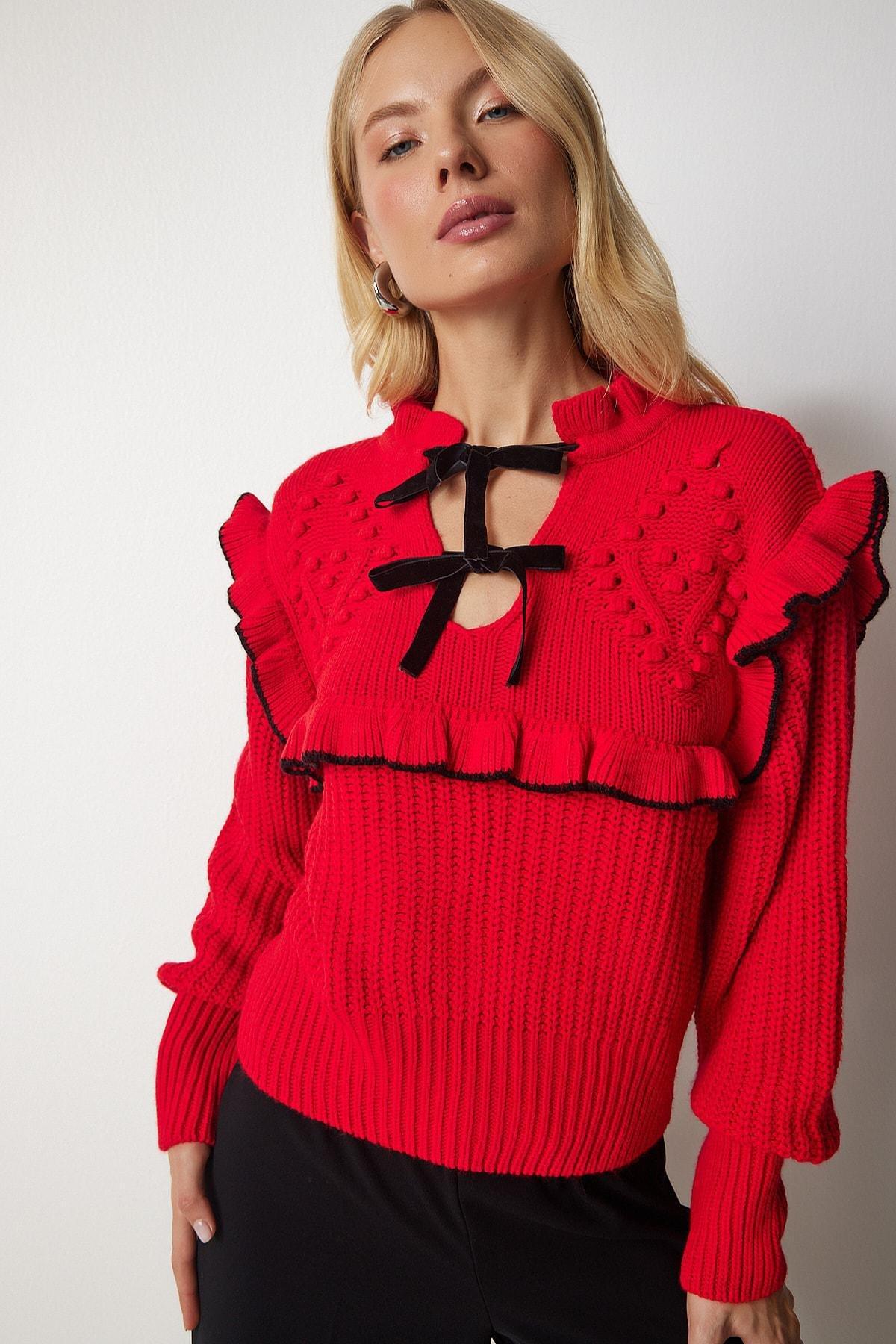 Red Ruffled Bow Collar Knitwear Sweater, Red, large image number 1