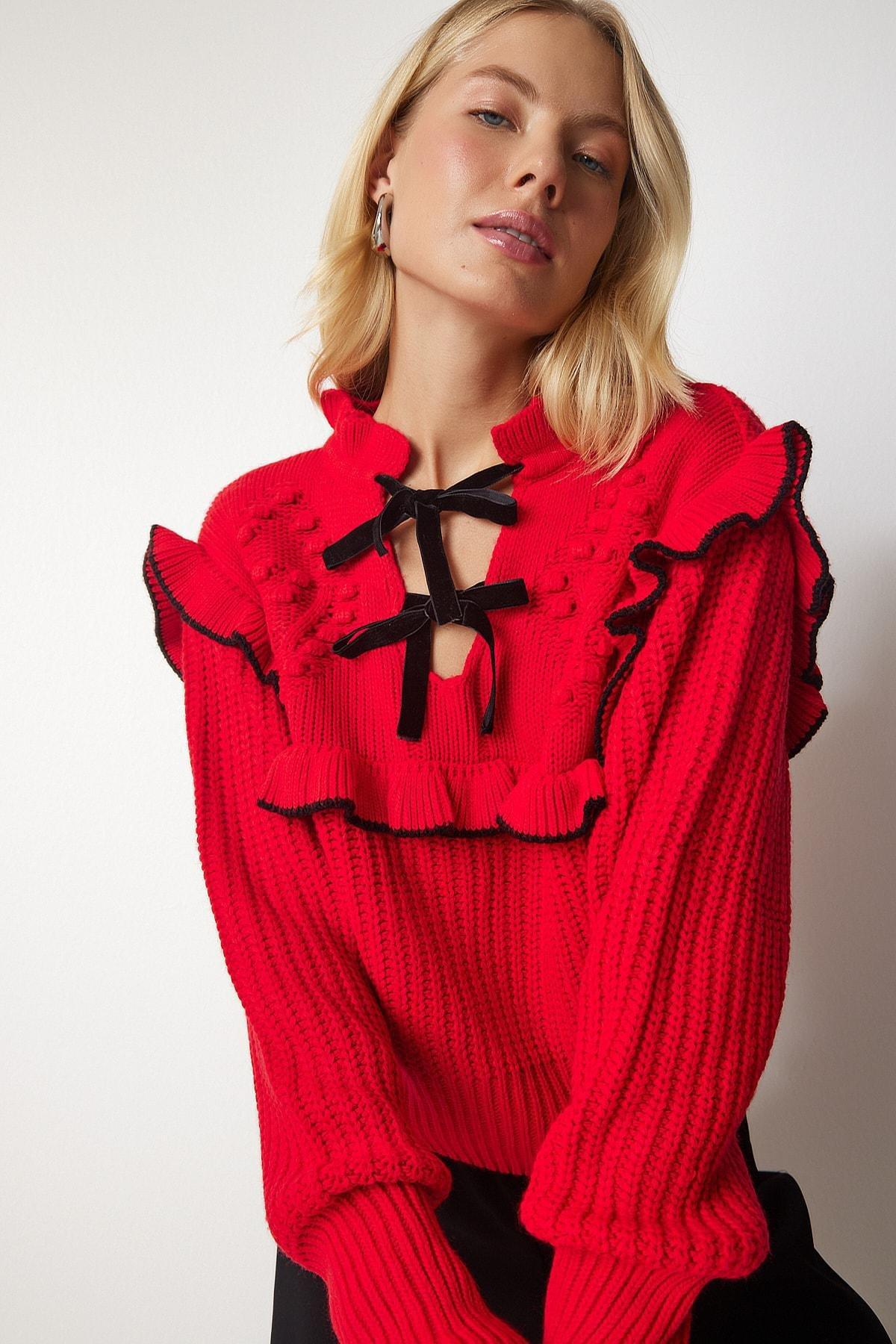 Red Ruffled Bow Collar Knitwear Sweater, Red, large image number 2
