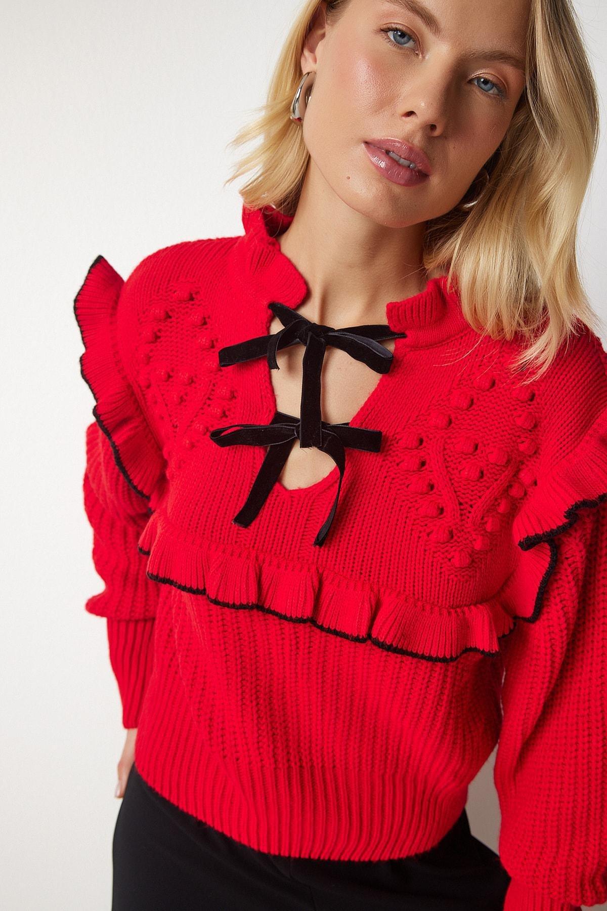 Red Ruffled Bow Collar Knitwear Sweater, Red, large image number 3