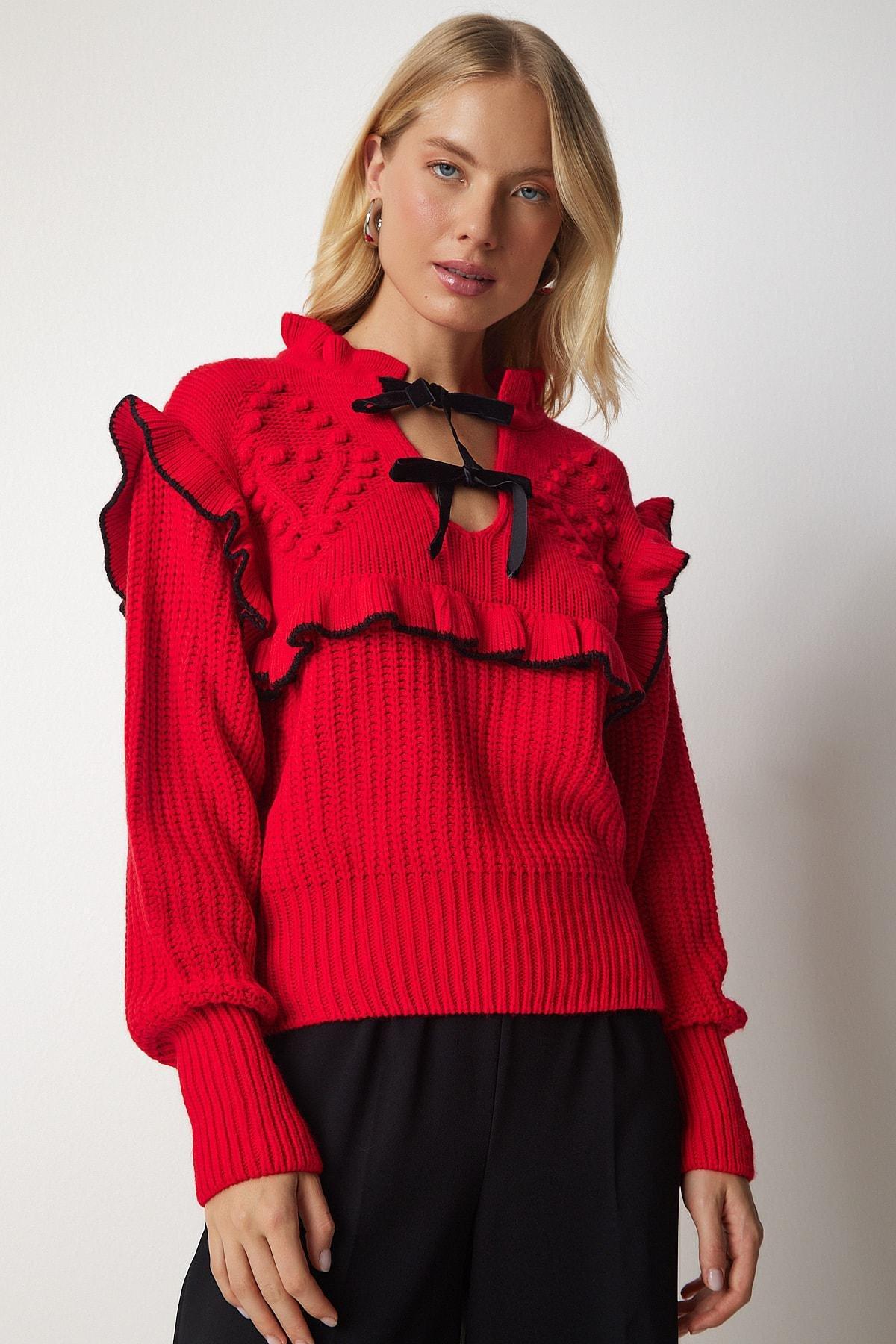 Red Ruffled Bow Collar Knitwear Sweater, Red, large image number 4