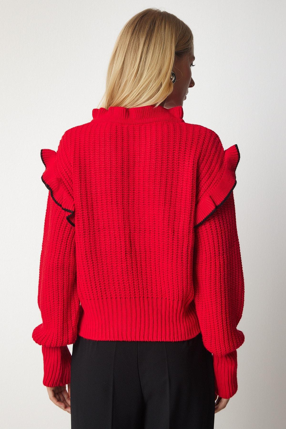 Red Ruffled Bow Collar Knitwear Sweater, Red, large image number 5