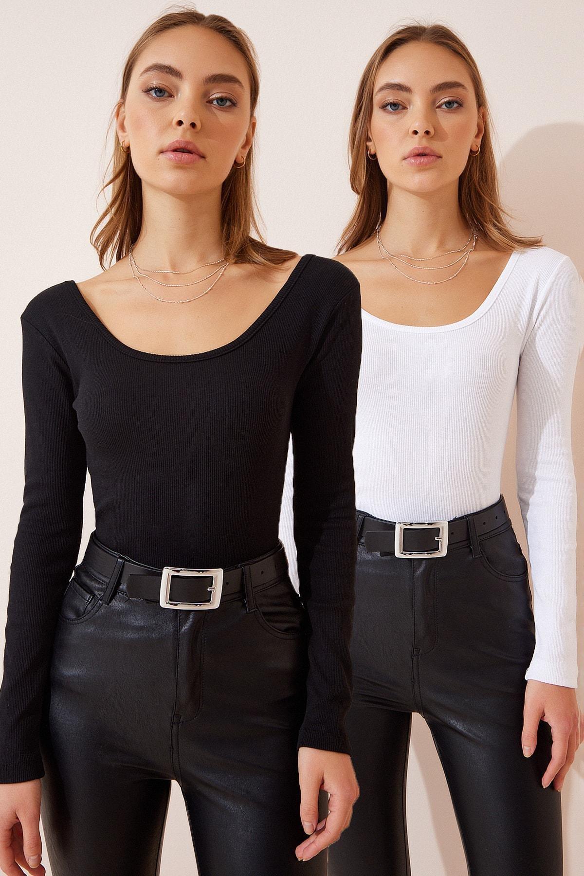 Black Knitted Blouse, Set Of 2, BLACK WHITE, large image number 0