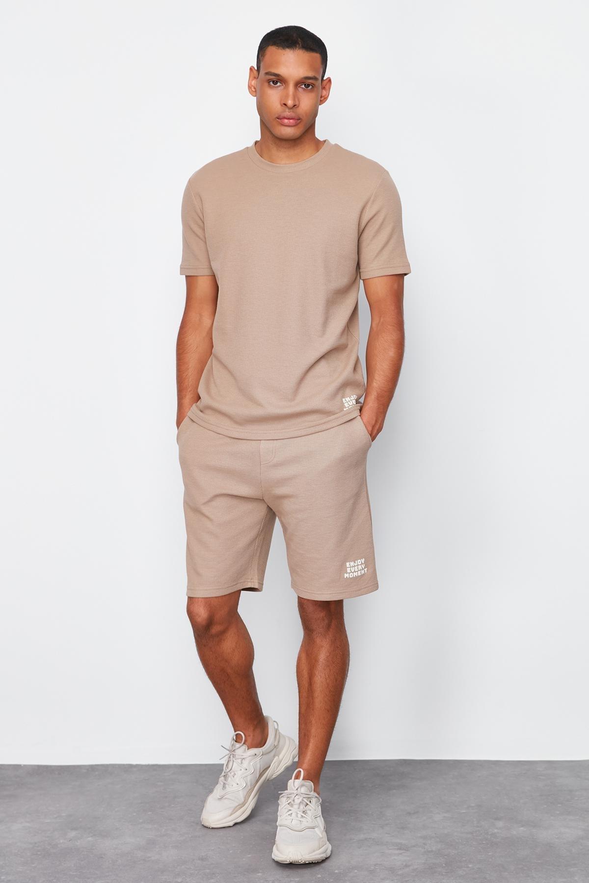 Brown Waffle Shorts Pajama Set, , large image number 1