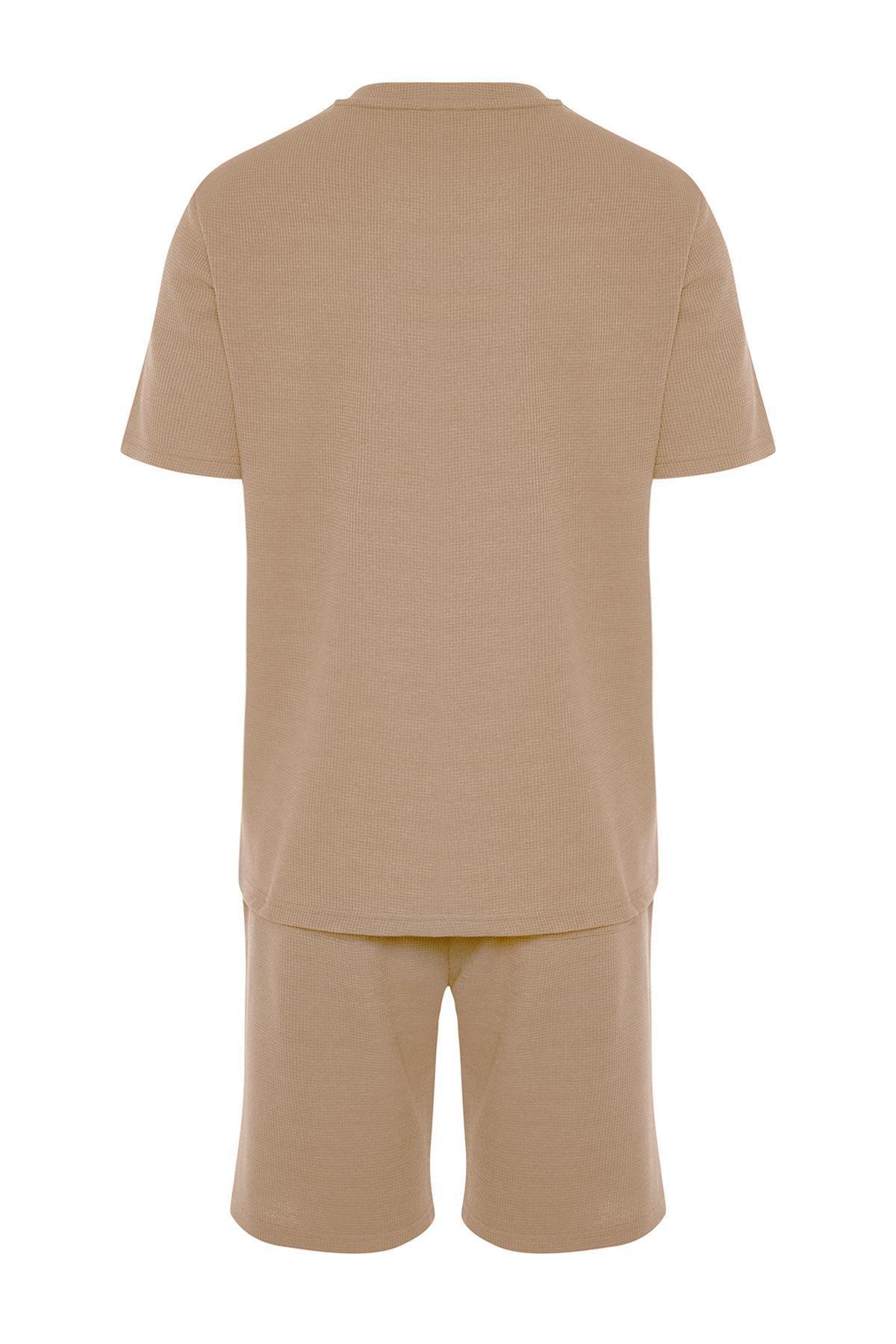 Brown Waffle Shorts Pajama Set, , large image number 6