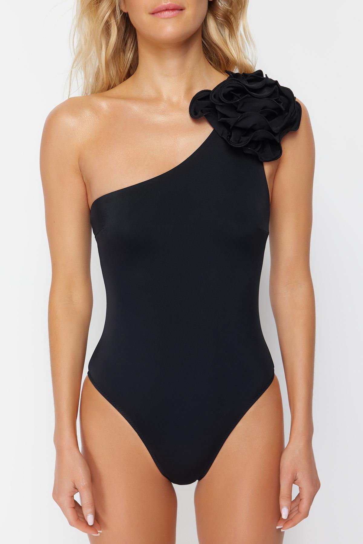 Black Shoulder Floral Applique Swimsuit, , large image number 3