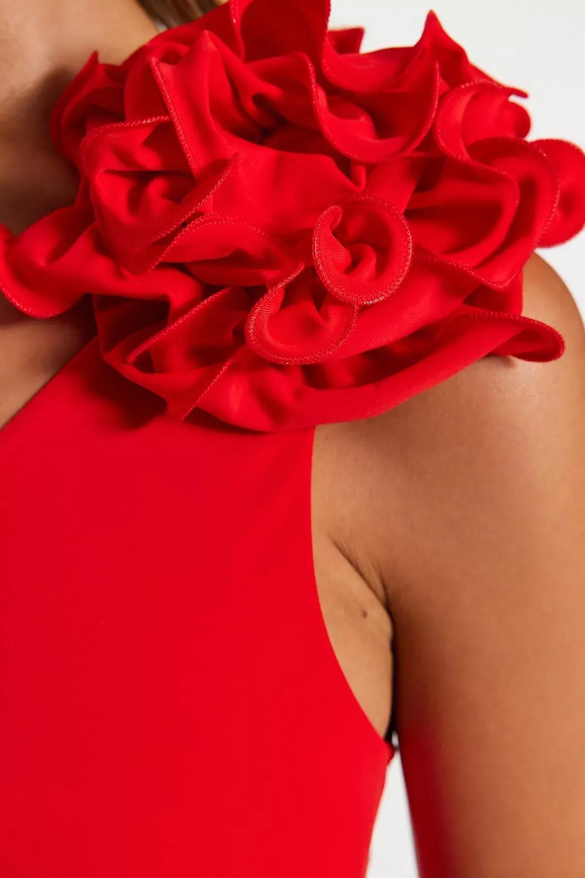 Red One Shoulder Flower Detail Swimsuit, Red, large image number 4