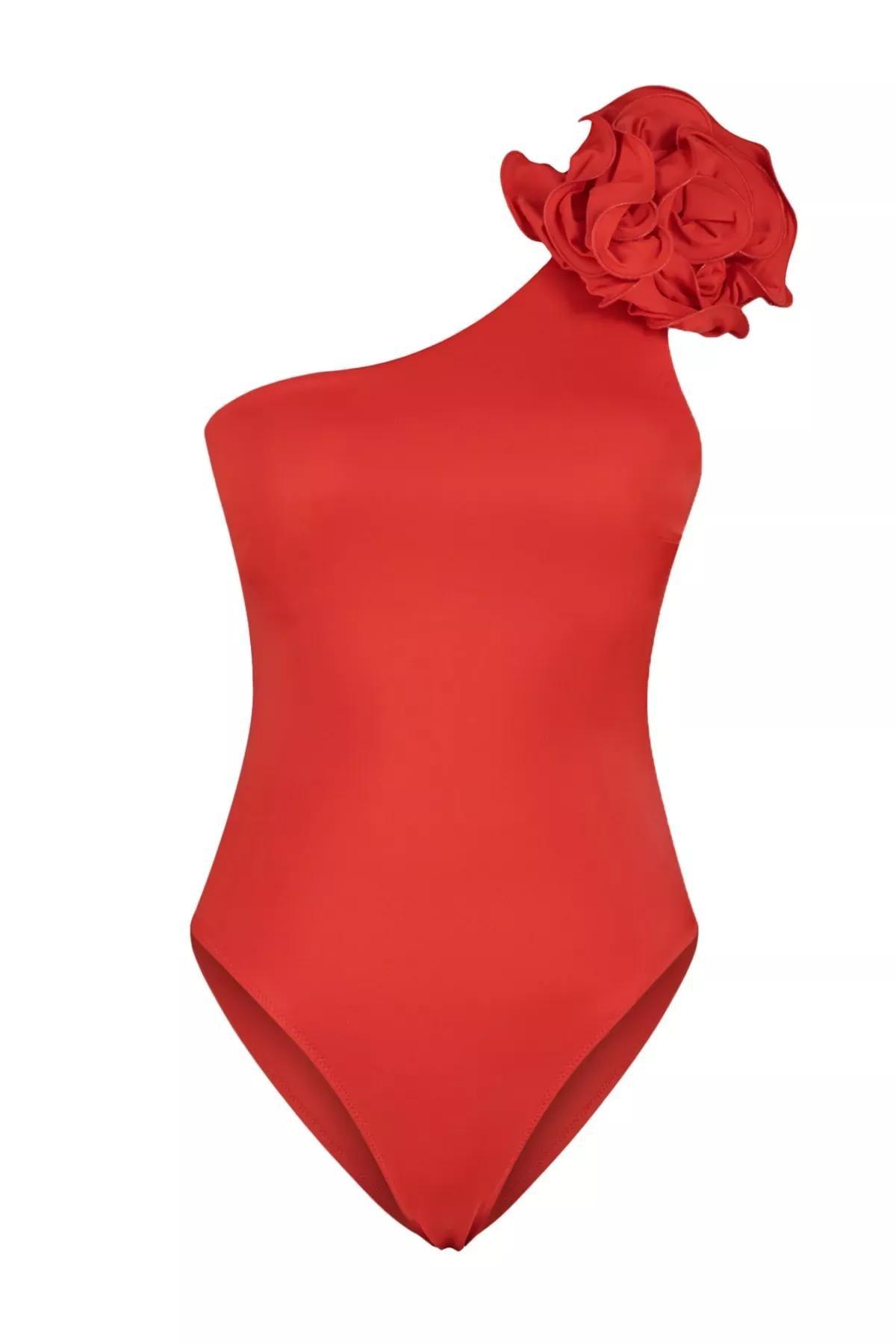 Red One Shoulder Flower Detail Swimsuit, Red, large image number 5