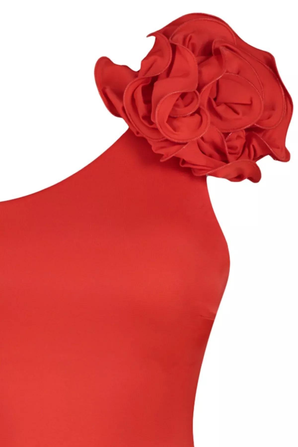 Red One Shoulder Flower Detail Swimsuit, Red, large image number 6
