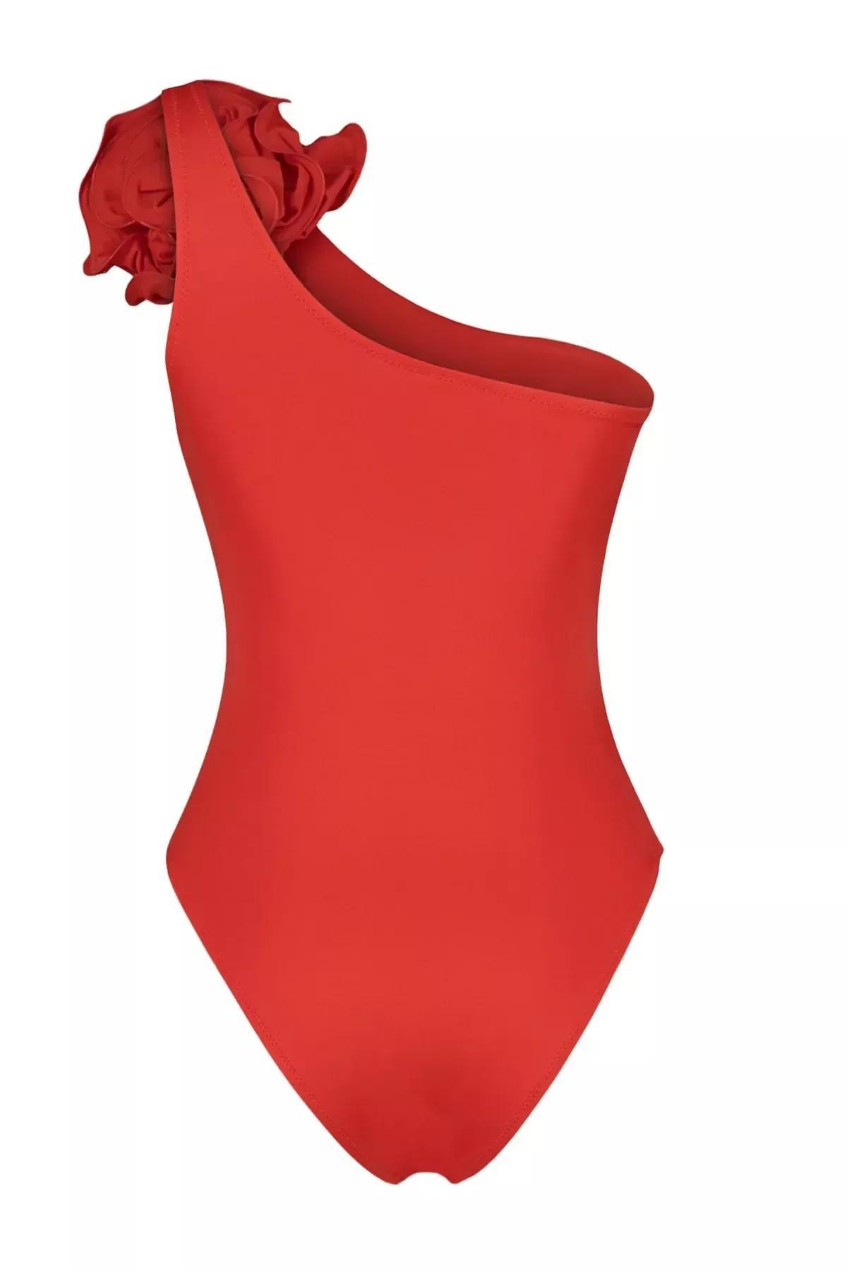 Red One Shoulder Flower Detail Swimsuit, Red, large image number 7