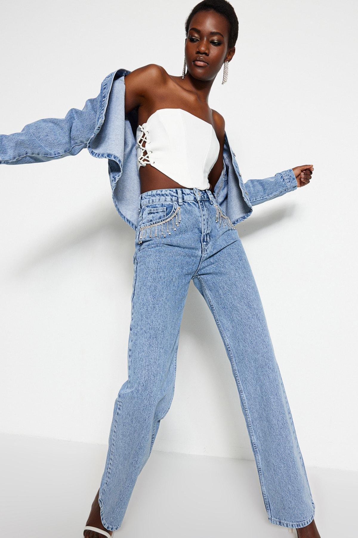 Blue High Waist Wide Leg Jeans, , large image number 0