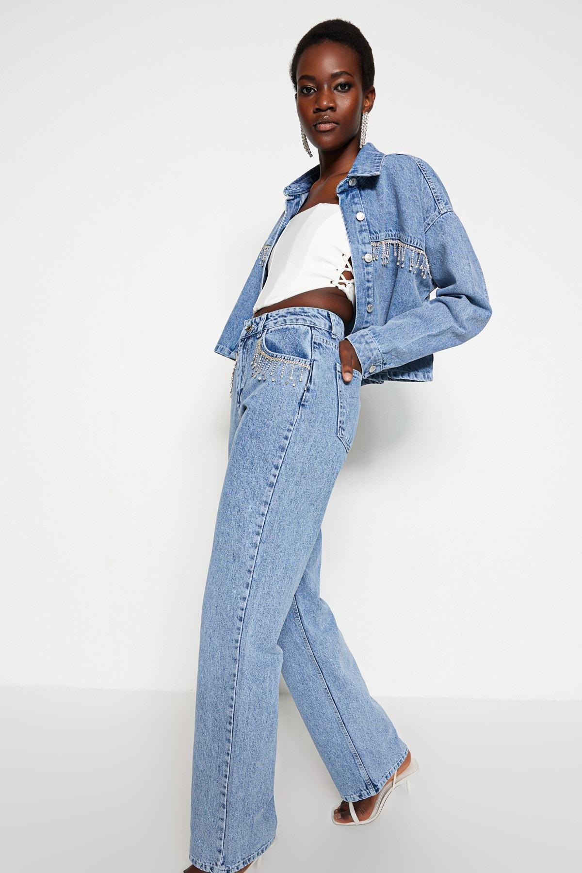 Blue High Waist Wide Leg Jeans, , large image number 1