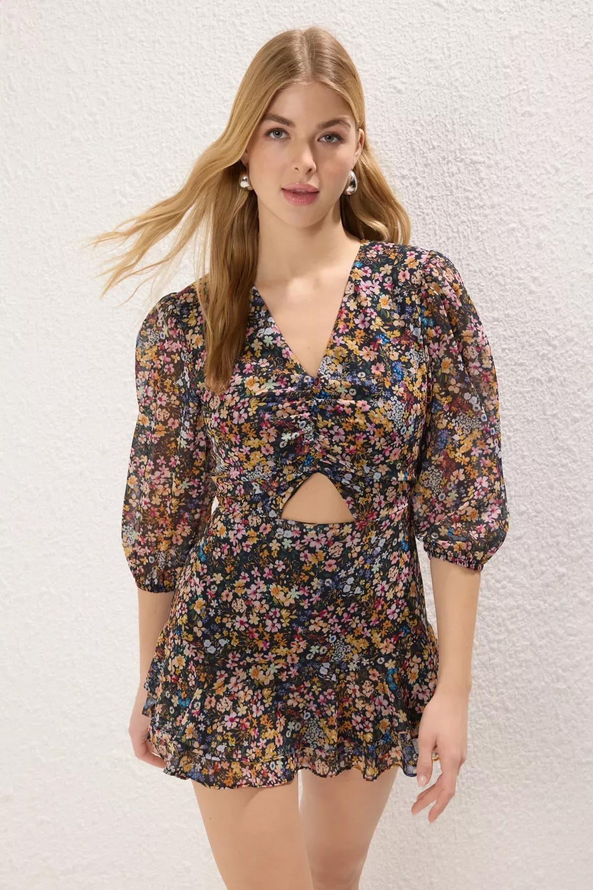 Black Floral Cut-Out Chiffon Jumpsuit, , large image number 1