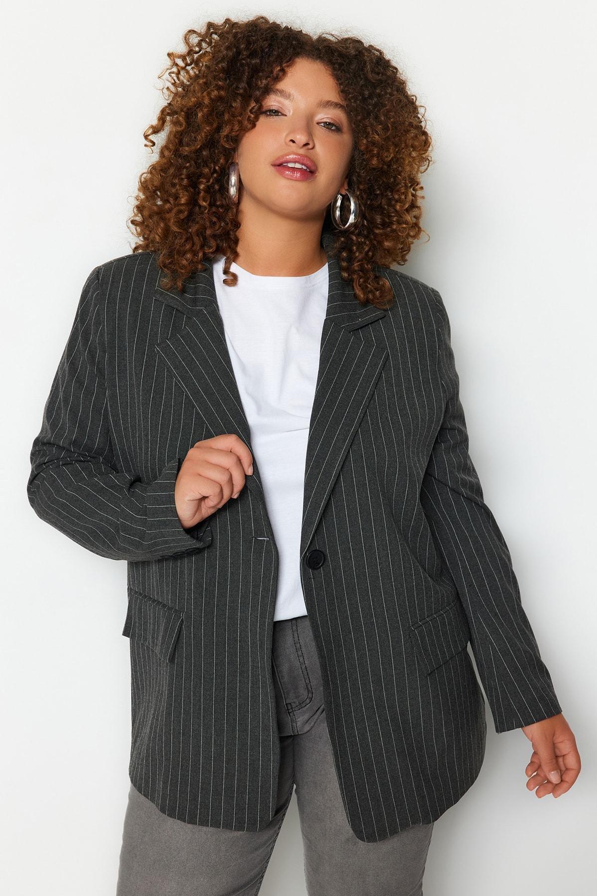 Black Striped Plus Size Jacket, , large image number 0