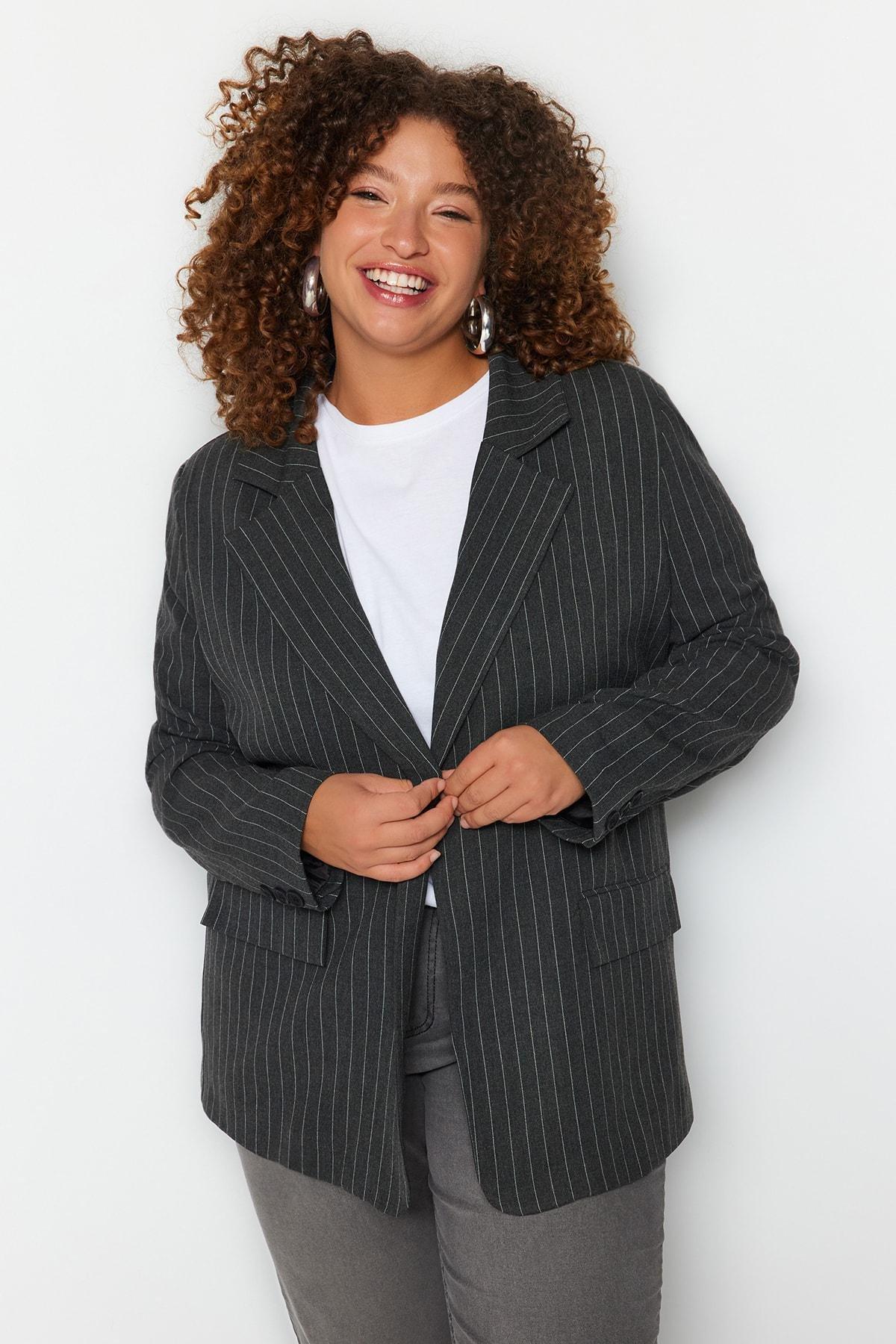 Black Striped Plus Size Jacket, , large image number 1