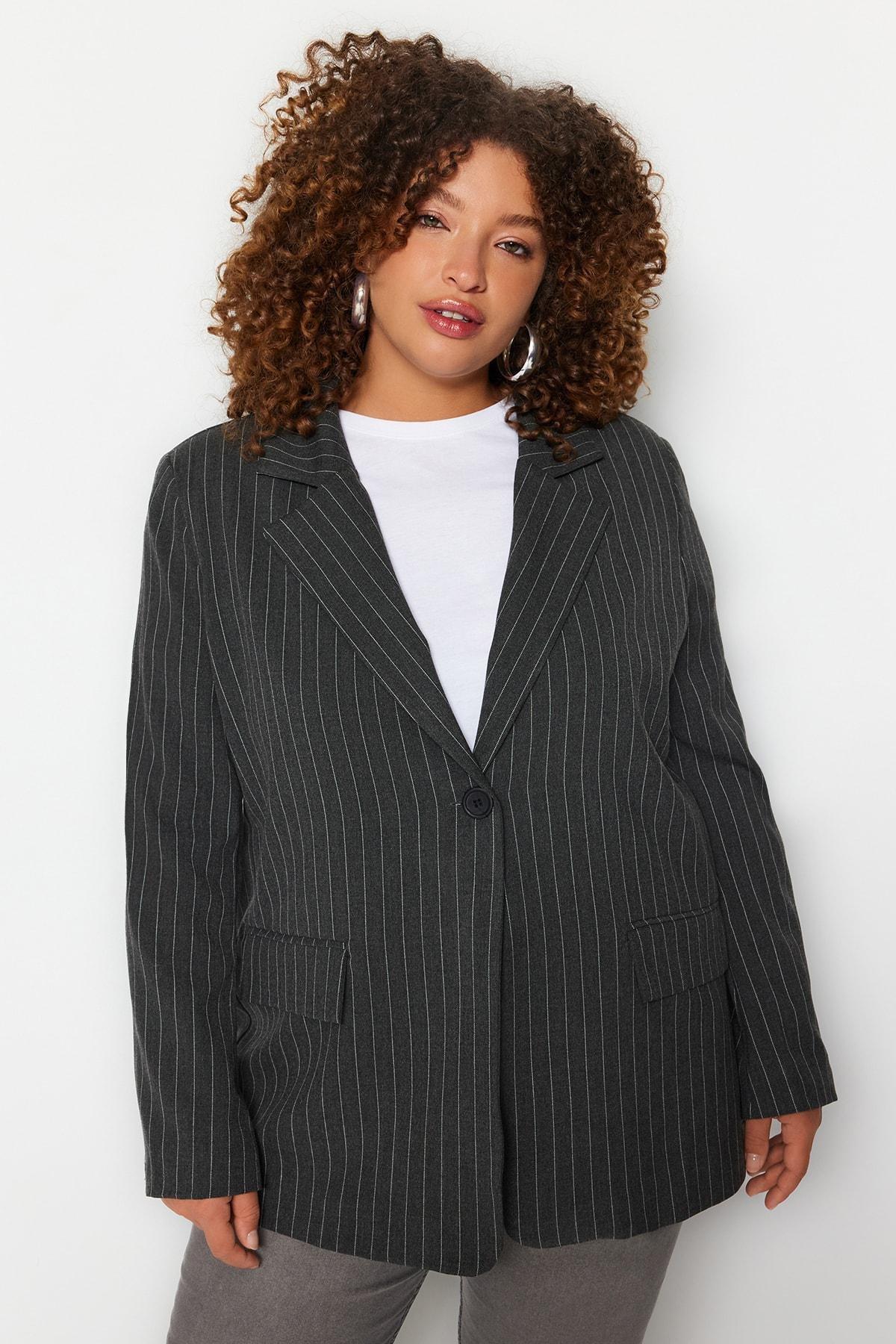 Trendyol - Black Striped Plus Size Jacket