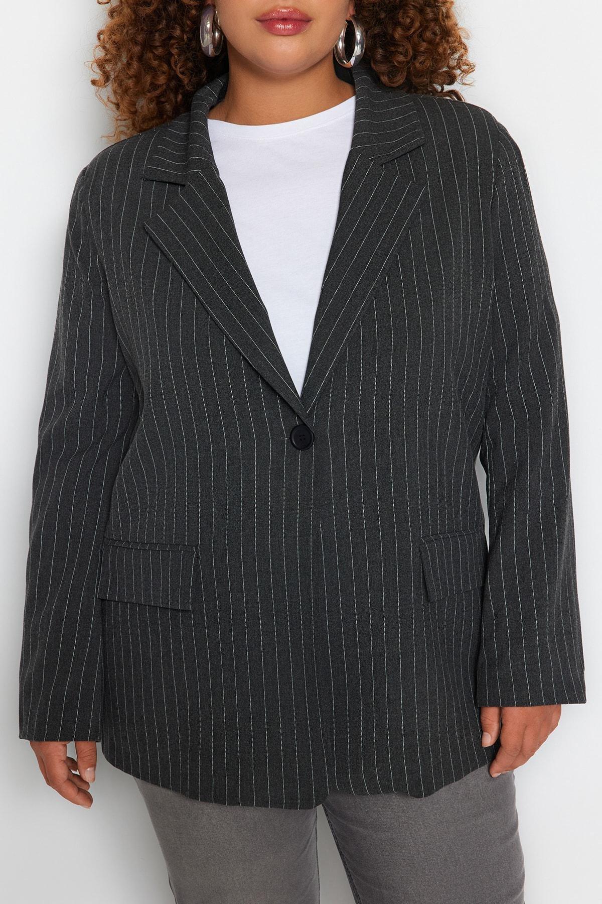 Trendyol - Black Striped Plus Size Jacket