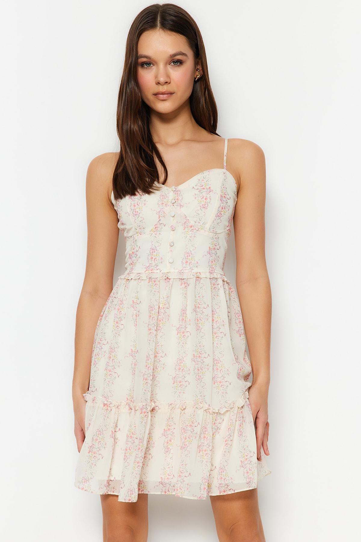 Trendyol - Cream Floral Skater Dress