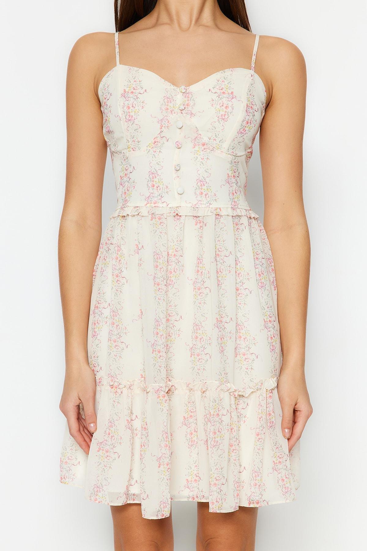 Trendyol - Cream Floral Skater Dress