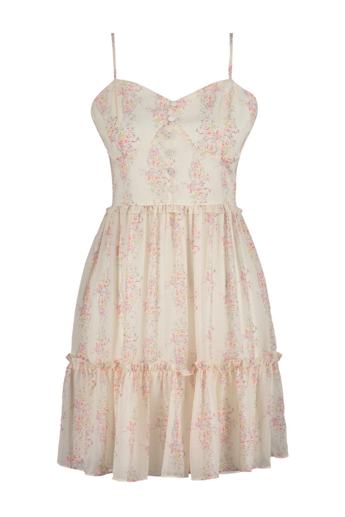 Trendyol - Cream Floral Skater Dress