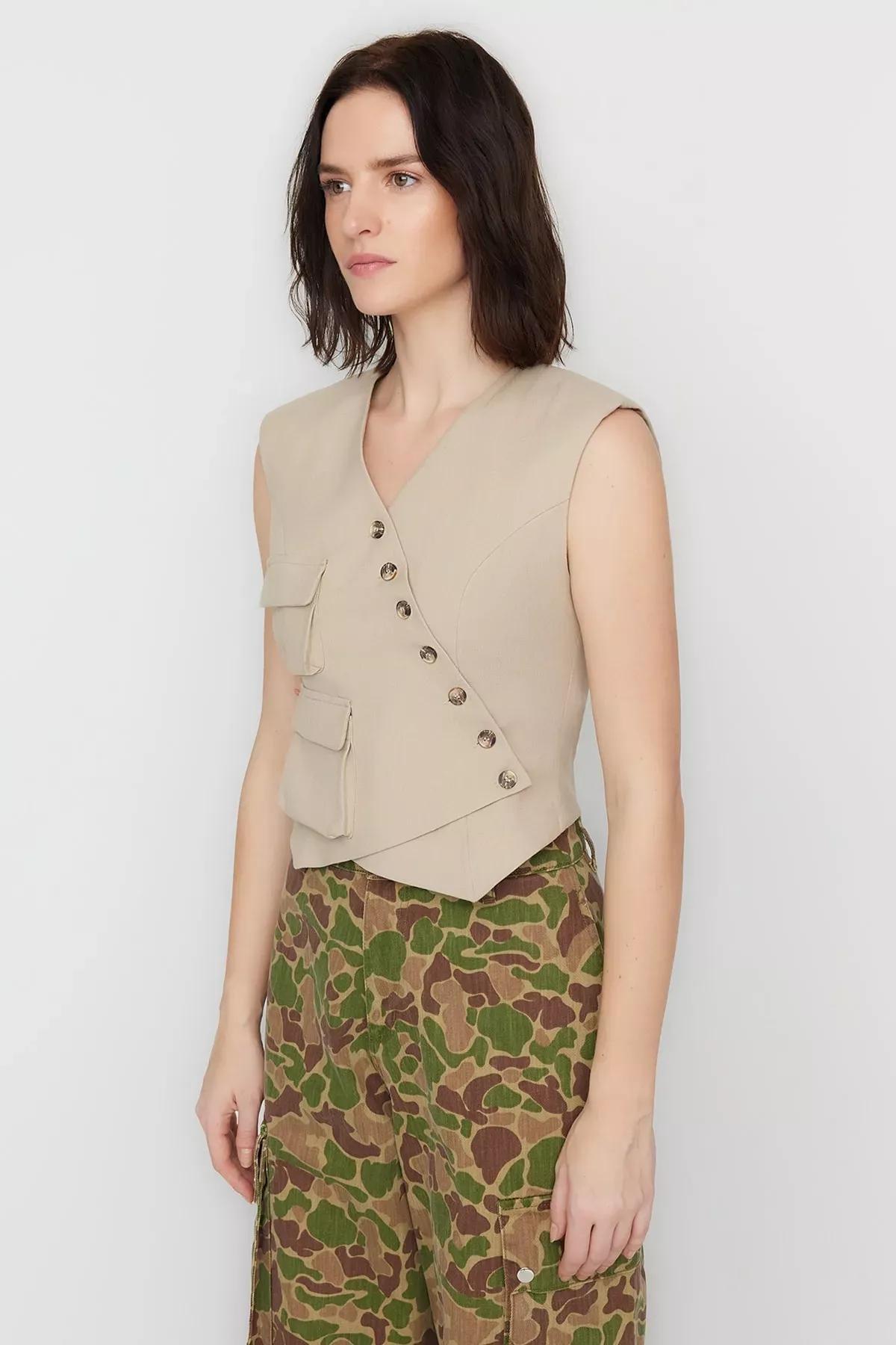 Beige Fitted Vest, Beige, large image number 4
