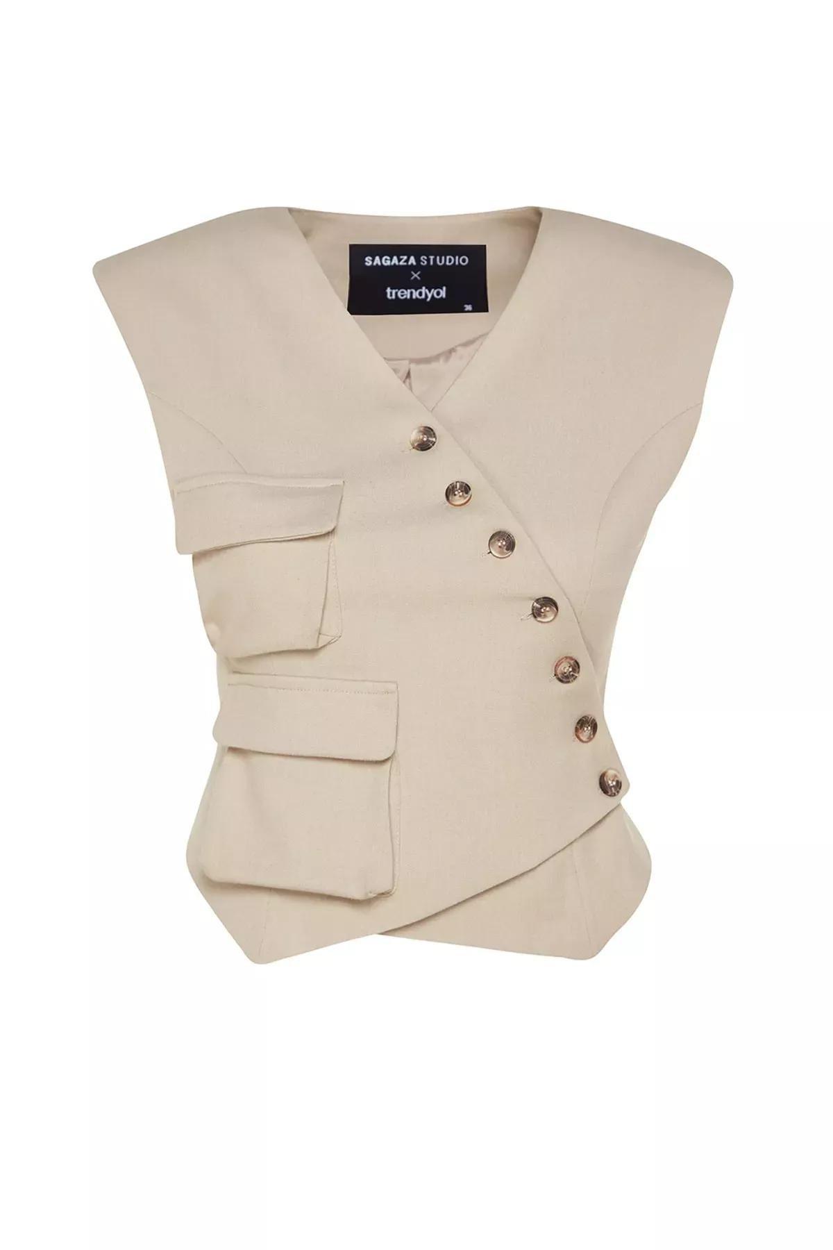 Beige Fitted Vest, Beige, large image number 6