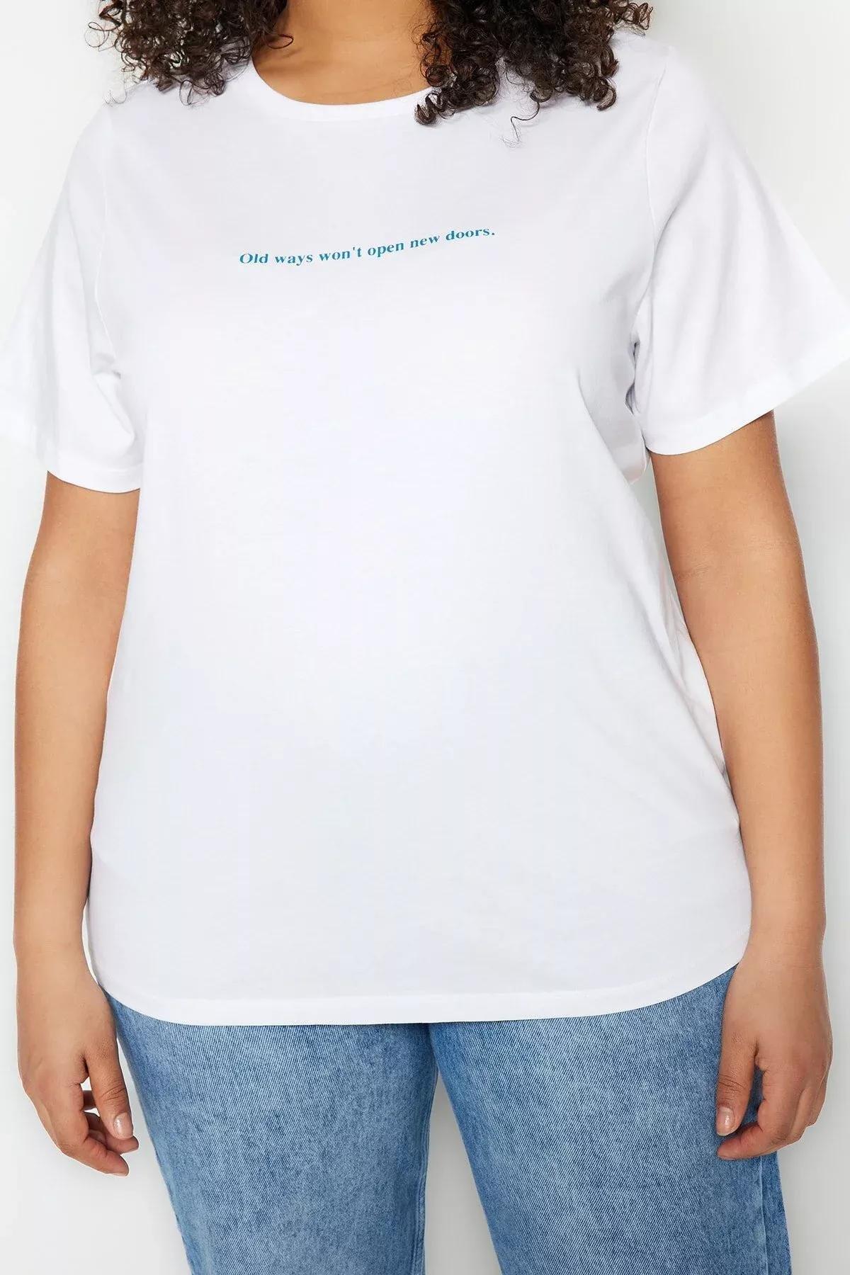 تيشيرت بطبعة جرافيكية للمقاسات الكبيرة، أبيض, White, medium