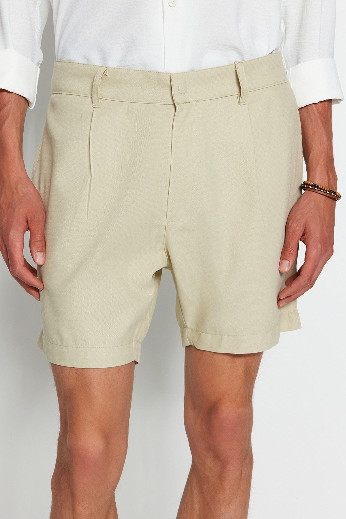Trendyol - Beige Straight Mid Waist Shorts <br>
