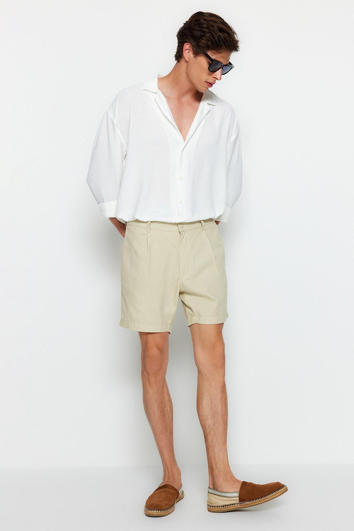 Trendyol - Beige Straight Mid Waist Shorts <br>