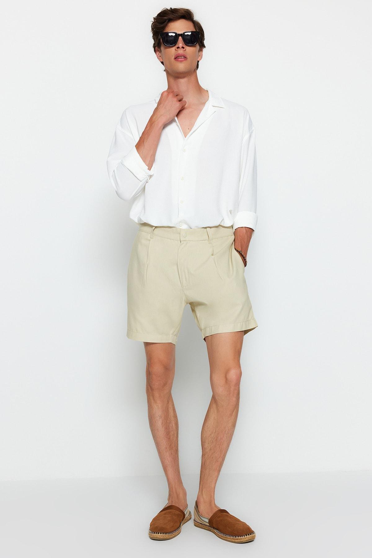 Trendyol - Beige Straight Mid Waist Shorts <br>