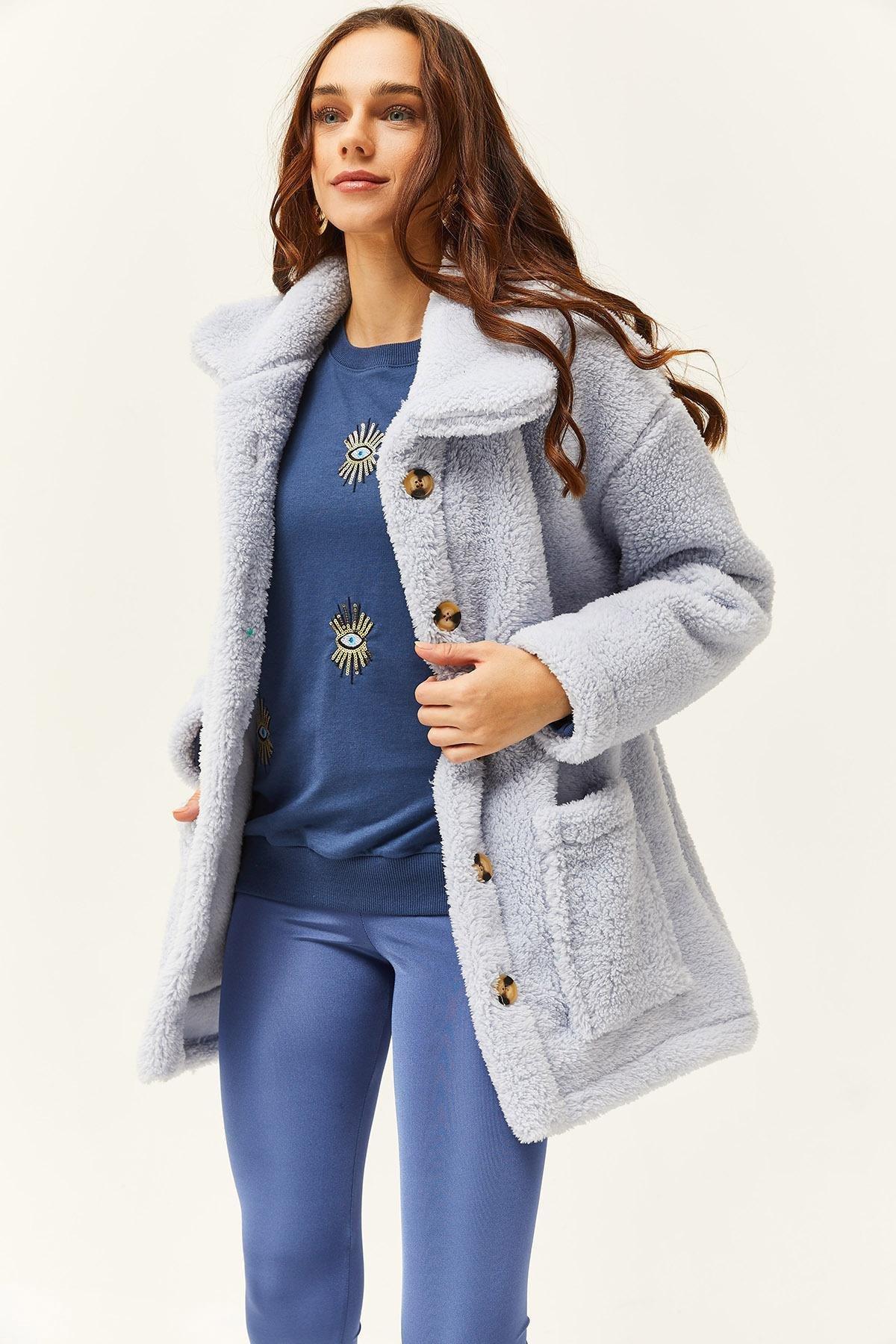 Womens Baby Blue Buttoned Pocket Unlined Oversize Plush Jacket CKT-19000328, single, , medium