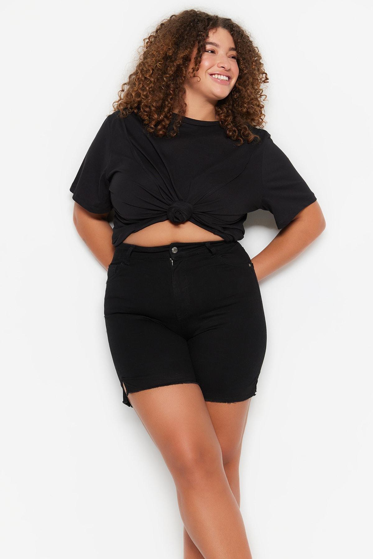 Black Mid Waist Plus Size Shorts, , large image number 0