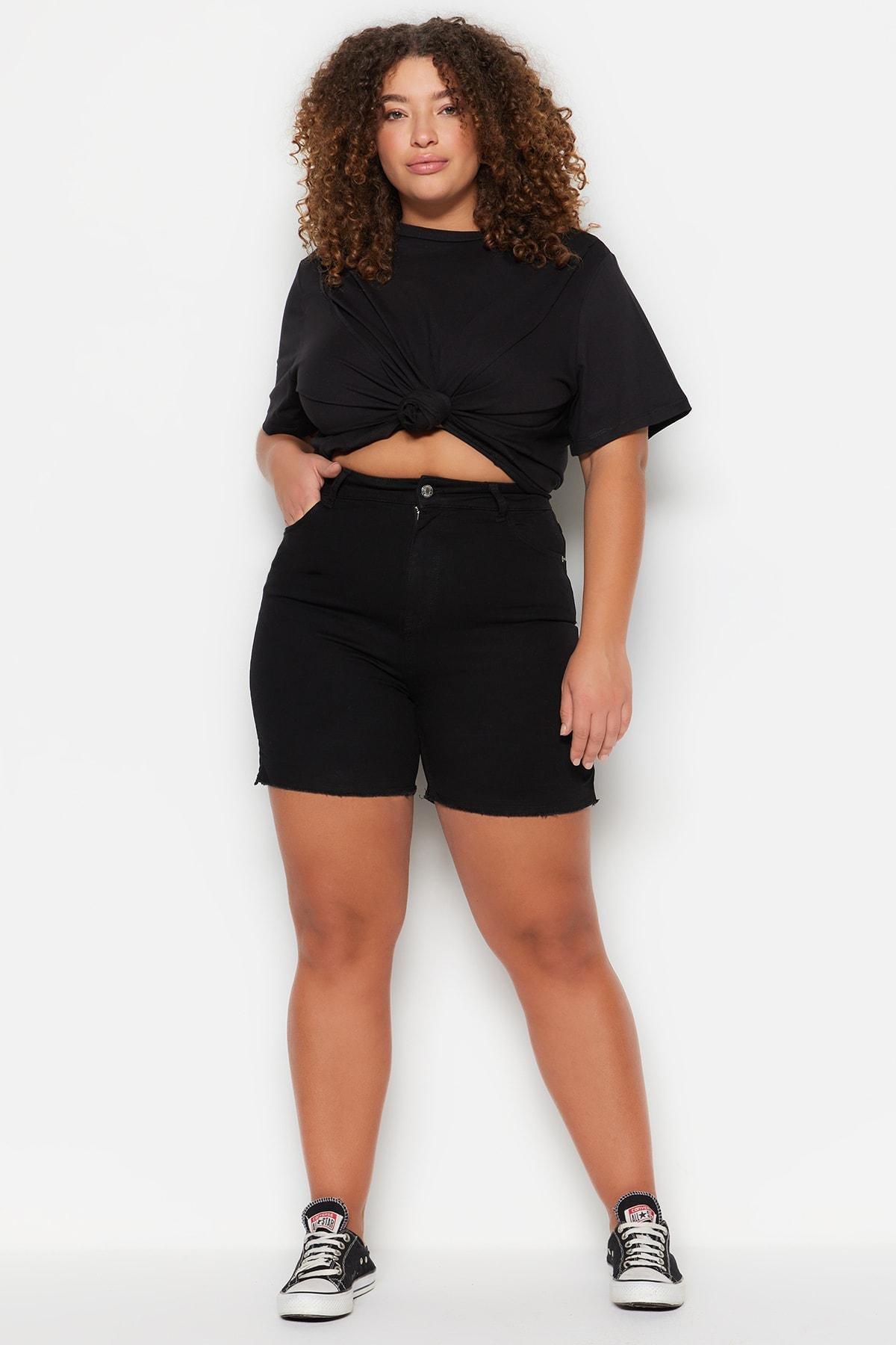 Black Mid Waist Plus Size Shorts, , large image number 4