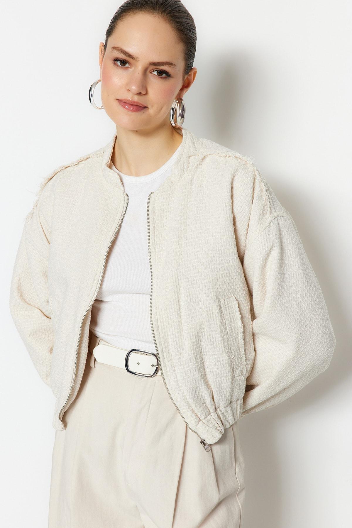 Cream Round Collar Oversize Jacket, , large image number 0