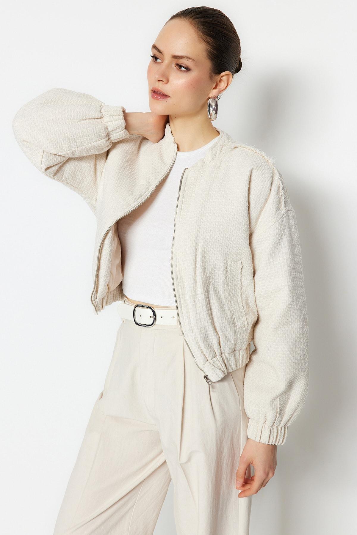 Cream Round Collar Oversize Jacket, , large image number 1