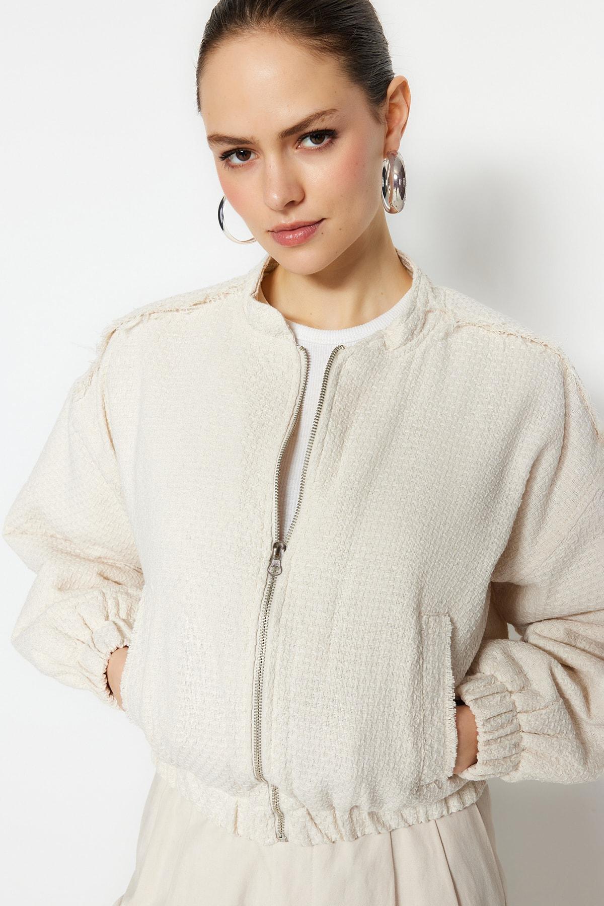 Cream Round Collar Oversize Jacket, , large image number 2