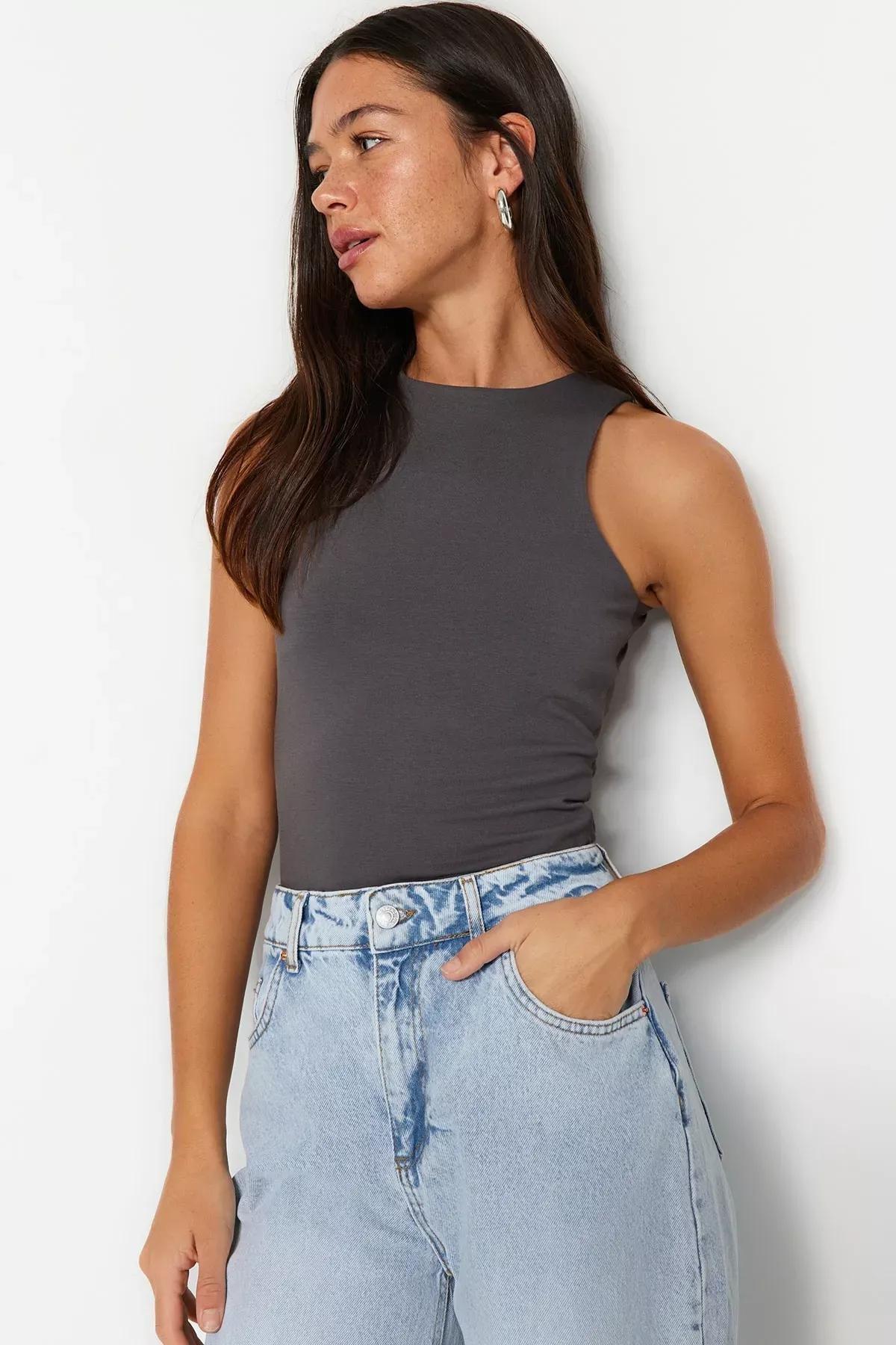 Brown Slim Fit Blouse, Gray, medium