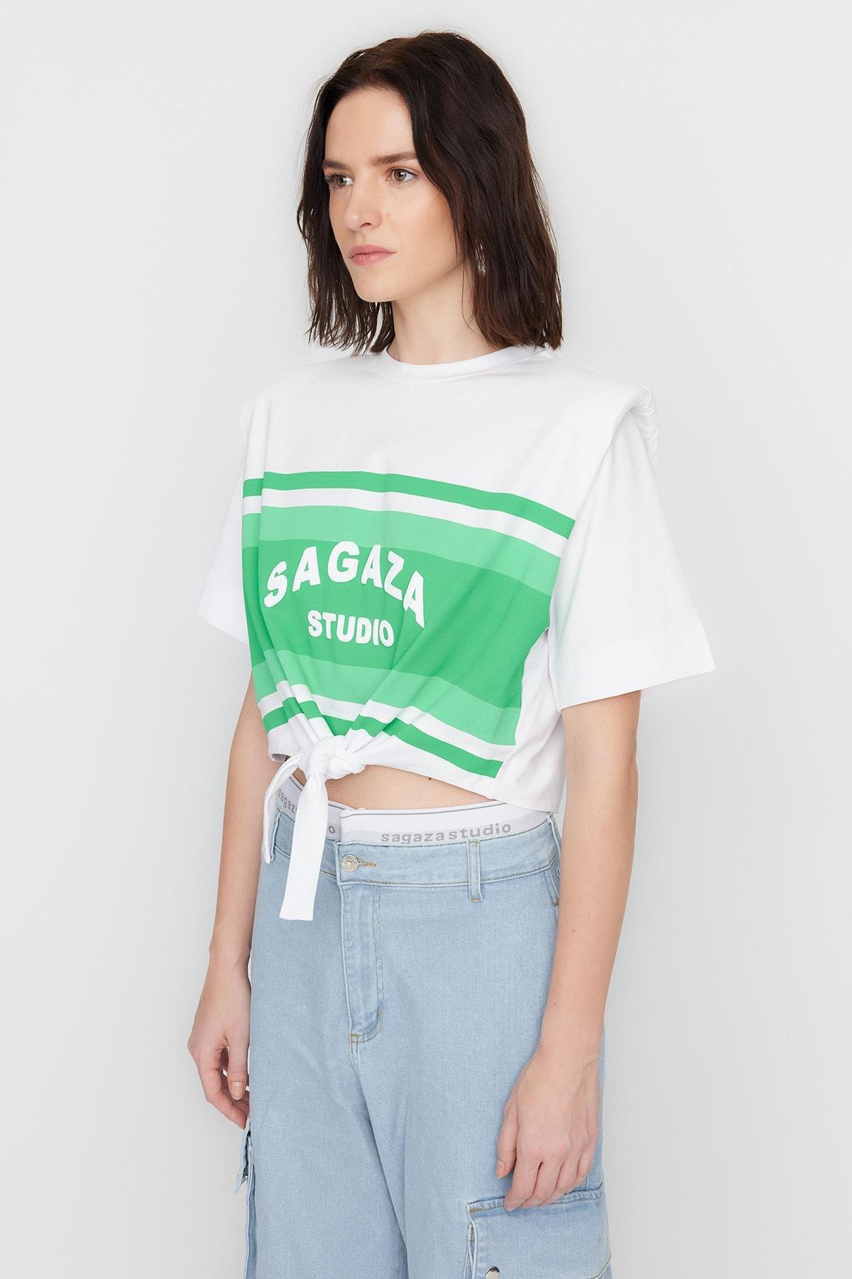 Trendyol - Ecru Binding Detailed Printed T-Shirt