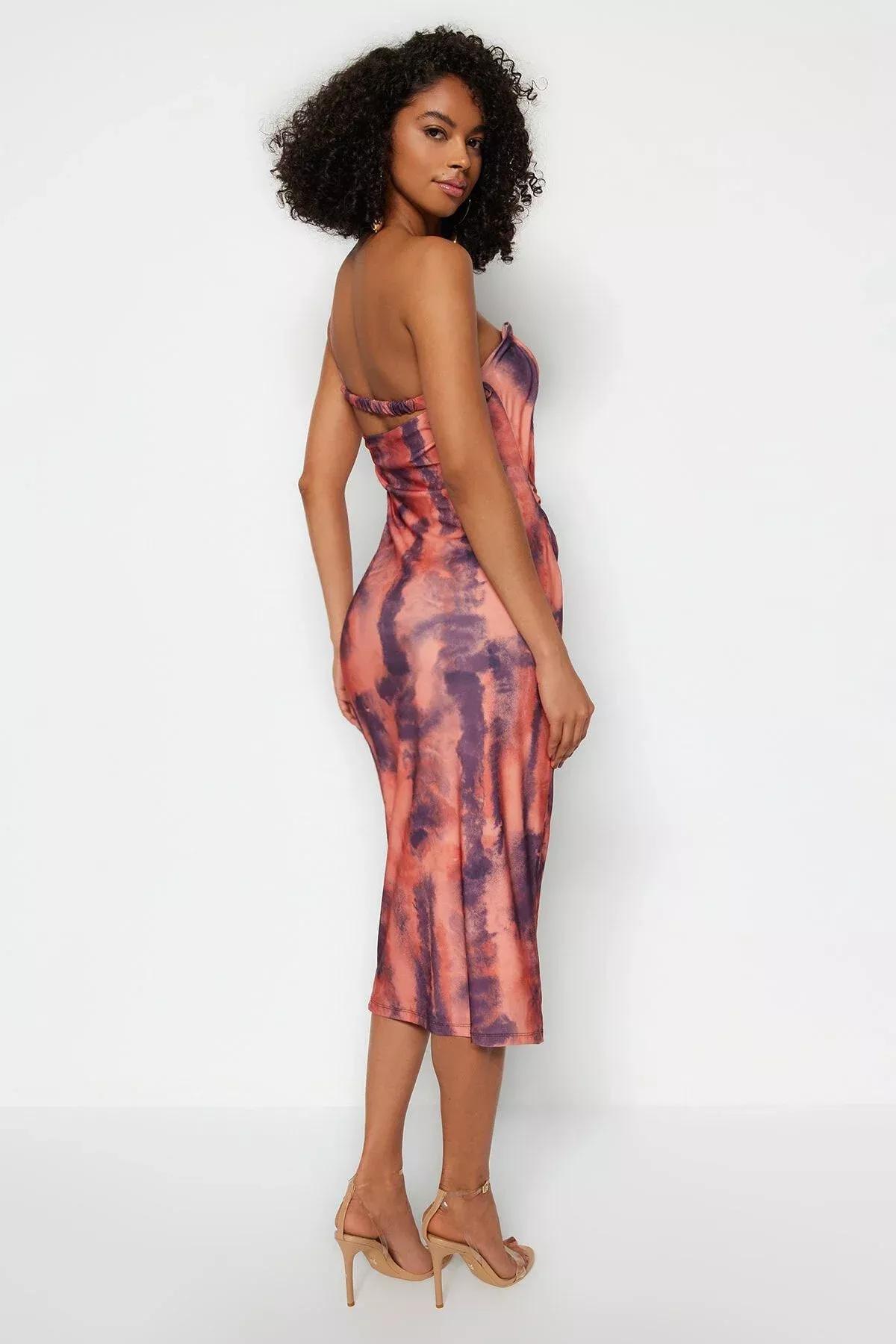 Multicolour Printed Fitted Midi Knit Dress, Brown, large image number 8