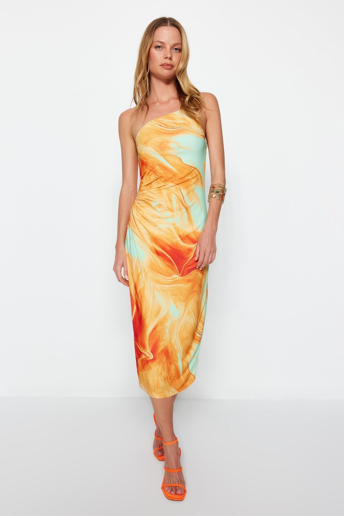Orange Abstract Bodycon Dress, , large image number 0