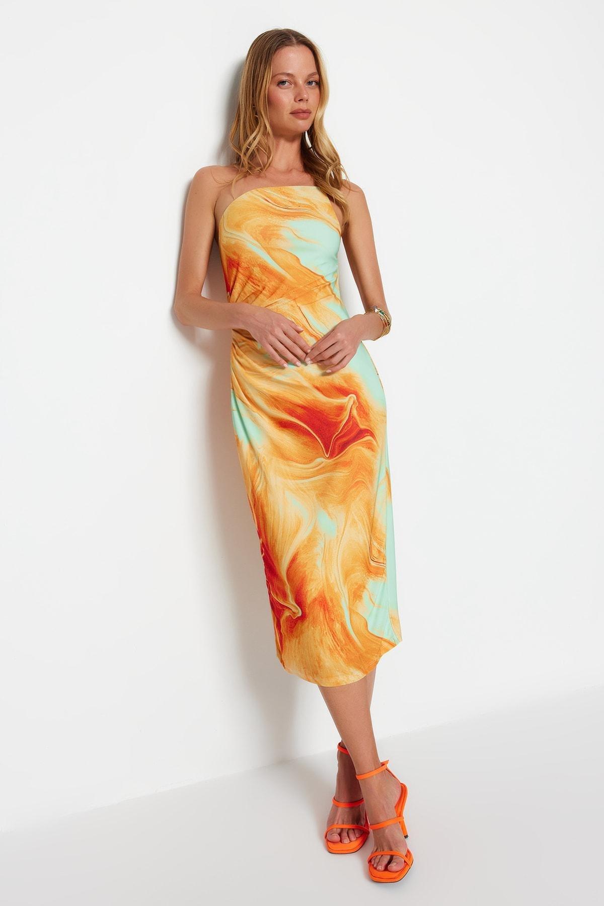 Orange Abstract Bodycon Dress, , large image number 1
