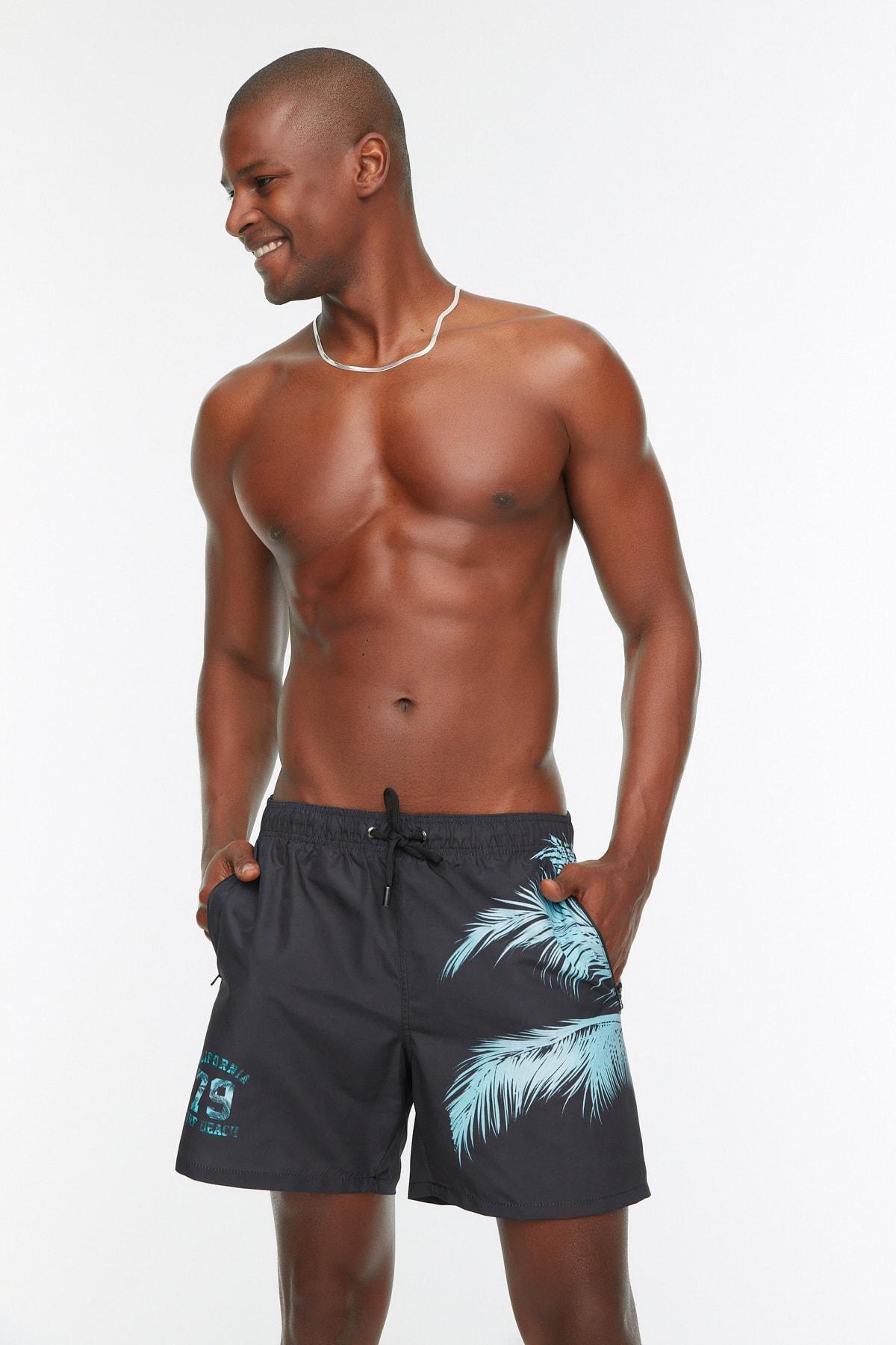 Black Printed Swim Shorts, Black, medium
