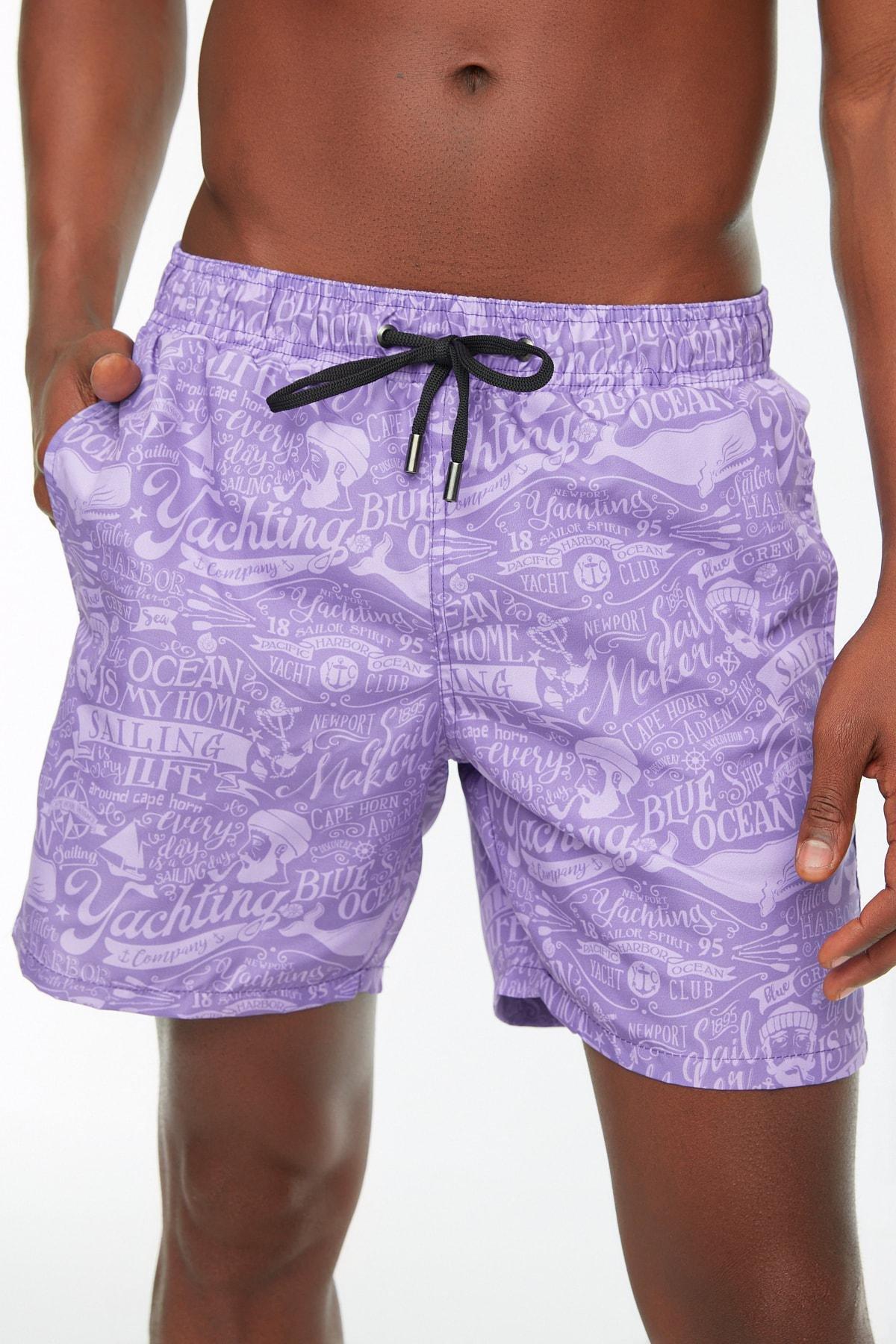 شورت سباحة مزين بطبعة، بنفسجي, Purple, large image number 1
