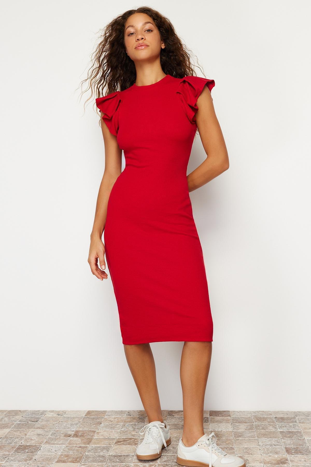 Trendyol - Red Ribbed Knitted Midi Dress