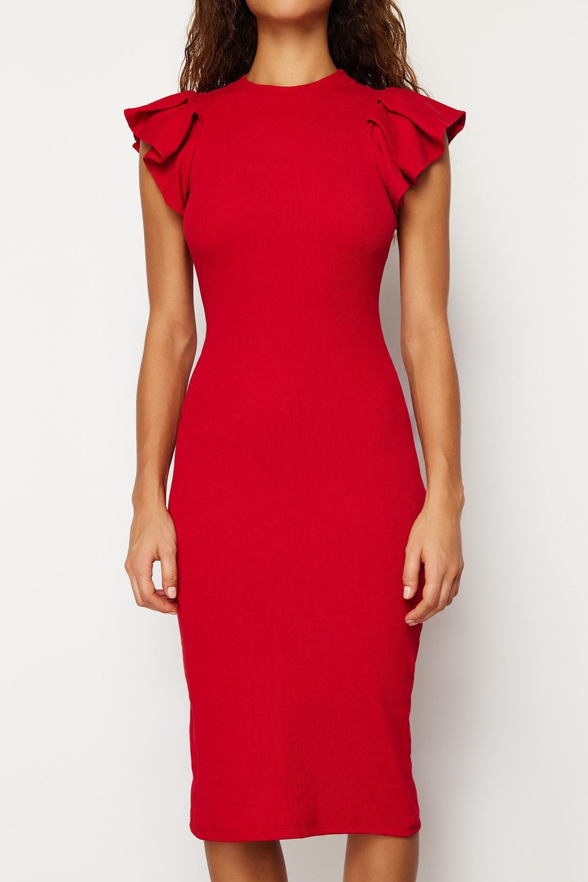 Red Ribbed Knitted Midi Dress, , large image number 3