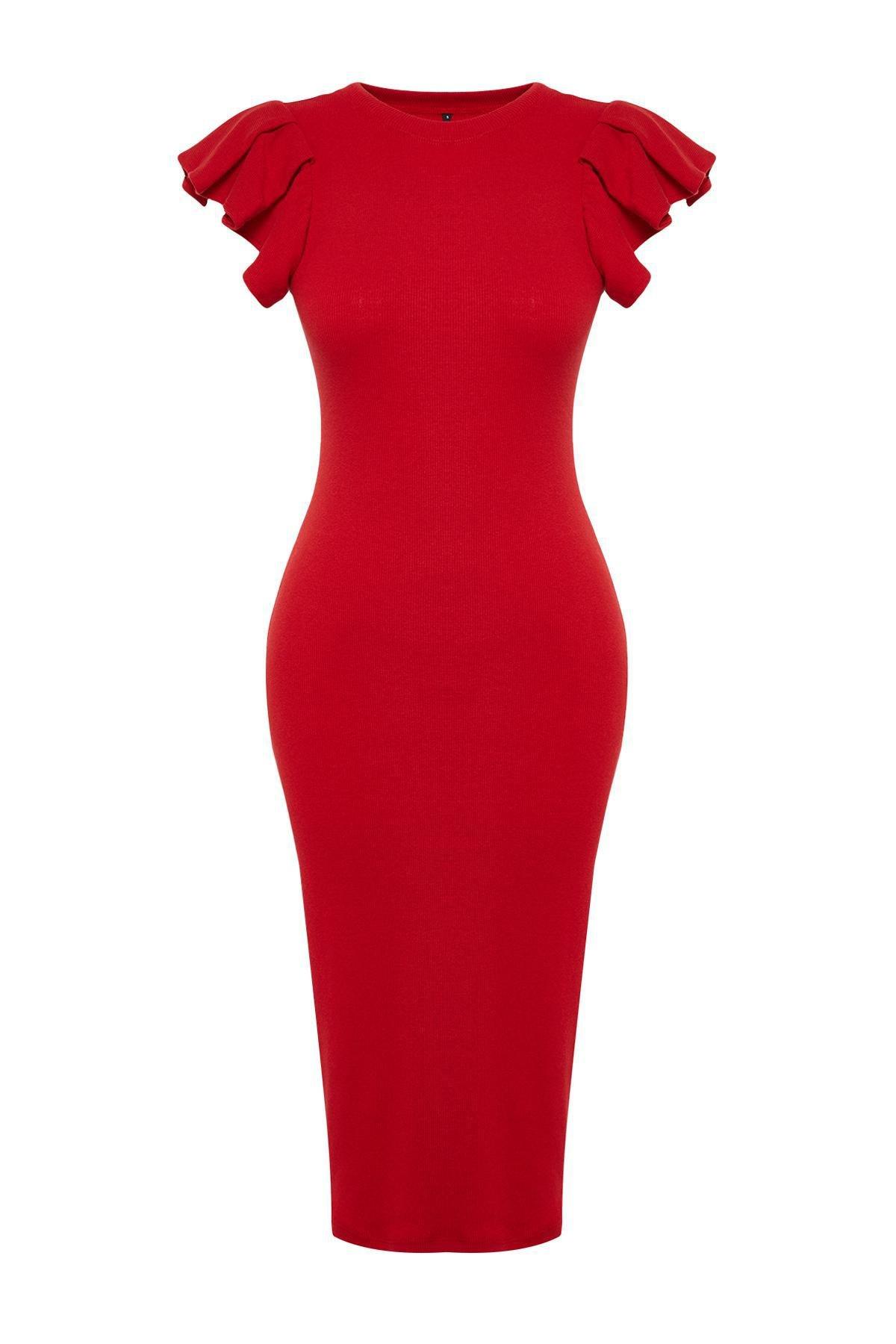 Trendyol - Red Ribbed Knitted Midi Dress