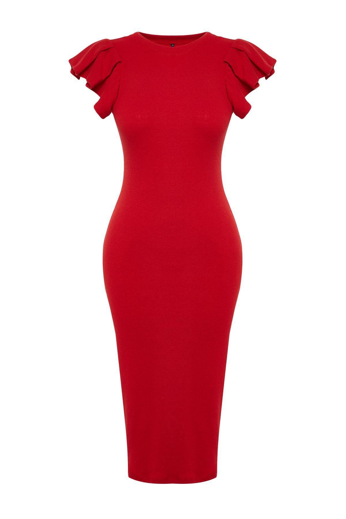 Red Ribbed Knitted Midi Dress, , large image number 5