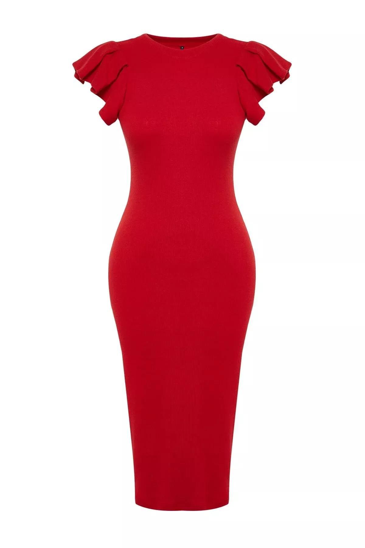 Red Ribbed Knitted Midi Dress, , large image number 5