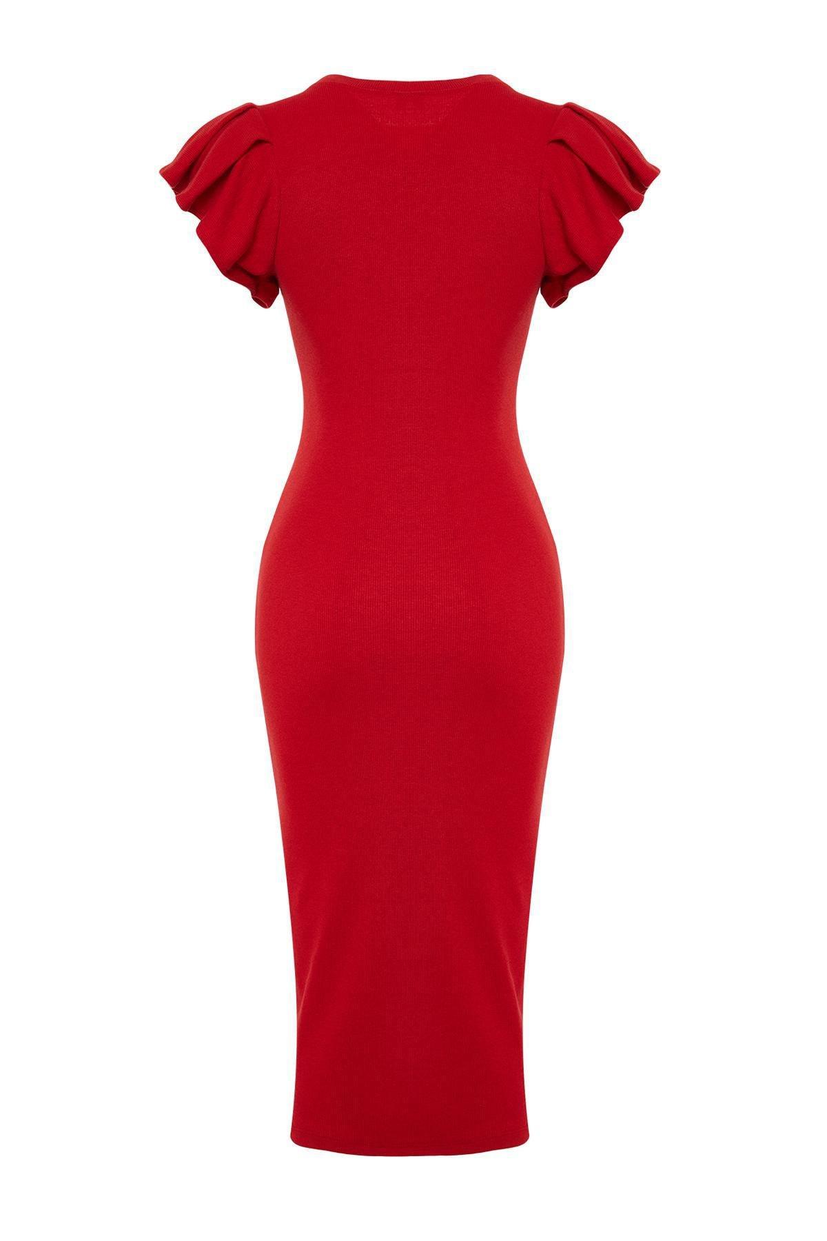 Red Ribbed Knitted Midi Dress, , large image number 6